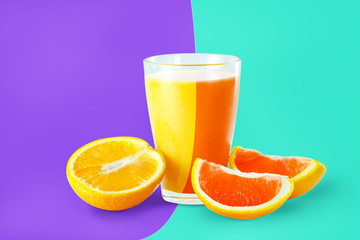 Mixed juice. Glass with orange and grapefruit juice, fruits on art background.