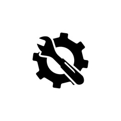Service Tools Icon In Flat Style For App, UI, Websites. Gear Wheel & Hammer Vector Black Icon
