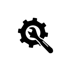 Service Tools Icon In Flat Style For App, UI, Websites. Gear Wheel & Hammer Vector Black Icon