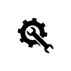 Service Tools Icon In Flat Style For App, UI, Websites. Gear Wheel & Hammer Vector Black Icon