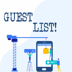 Handwriting text writing Guest List. Conceptual photo showing who are to be admitted to concert or similar event Staff Working Together for Common Target Goal with SEO Process Icons