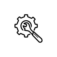 Service Tools Line Icon In Flat Style For App, UI, Websites. Gear Wheel & Hammer Vector Black Icon