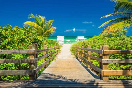 Walkway to the beach, wooden embankment. Miami Beach. Florida. 