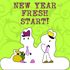Conceptual hand writing showing New Year Fresh Start. Concept meaning Time to follow resolutions reach out dream job Figure of Two Men Standing with Pouch Bag White Snow Effect