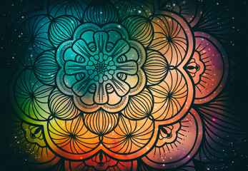Abstract ancient geometric with star field and colorful galaxy background, watercolor digital art painting and mandala graphic design