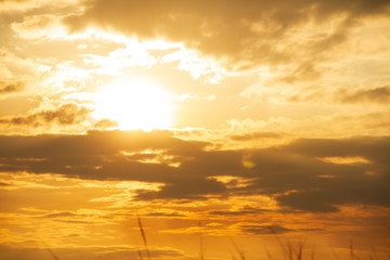 Evening weather, Golden sky and cloud with Light sunshine, Dark shadow meadow in the field.