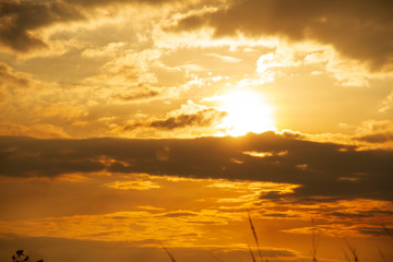 Evening weather, Golden sky and cloud with Light sunshine, Dark shadow meadow in the field.