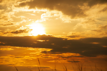 Evening weather, Golden sky and cloud with Light sunshine, Dark shadow meadow in the field.