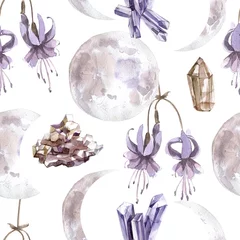 Wallpaper murals Gothic Watercolor seamless pattern with transparent shiny crystals and moon phases.