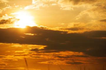 Fototapeta premium Evening weather, Golden sky and cloud with Light sunshine, Dark shadow meadow in the field.