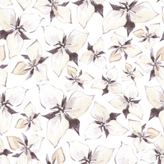 Watercolor seamless pattern with white flowers. Dark mystical colors