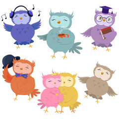 Set of cute owls isolated on white background. Vector illustration.