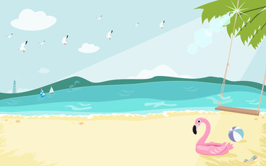 Summer beach background with floating, ball, flip flop, palm tree, lighthouse, sails, whales and seagulls flying in the sky. Flat design vector illustration.