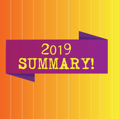Handwriting text 2019 Summary. Conceptual photo summarizing past year events main actions or good shows Blank Folded Color Banner photo on Vertically Striped Two Toned Backdrop