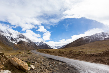 The beautiful landscape view of rural road around with mountain and sky background in Leh - Ladakh northern of India