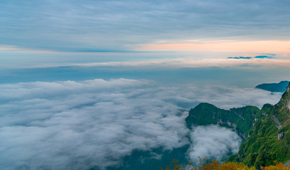 Mountains and seas of clouds at dusk, Emei Mountain, Sichuan Province, China