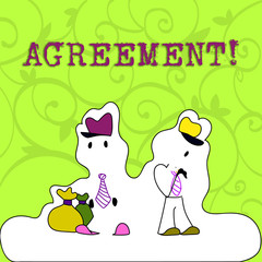 Conceptual hand writing showing Agreement. Concept meaning Business or demonstratingal closures made easy with better guidance Figure of Two Men Standing with Pouch Bag White Snow Effect
