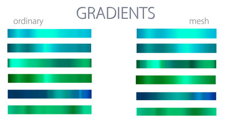 Green gradients. Set or palette. Mesh and regular gradients. Natural colors. For designers. Vector illustration. Holiday colors. Graphic resources. Green color.