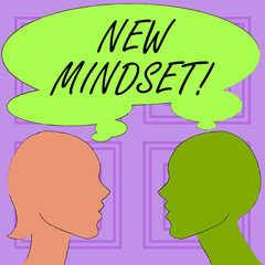 Conceptual hand writing showing New Mindset. Concept meaning mental attitude of demonstratings responses to certain situations Silhouette Sideview Profile of Man and Woman Thought Bubble
