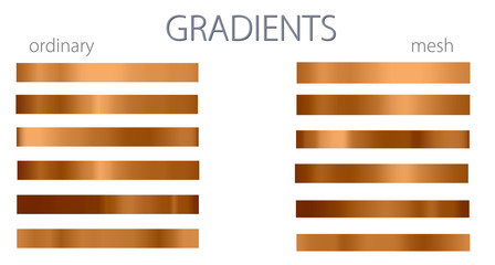 Yellow gradients. Set or palette. Mesh and regular gradients. Golden colors. For designers. Vector illustration. Holiday colors. Graphic resources. Yellow and orange color. © Владимир Непомнящий