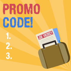 Writing note showing Promo Code. Business concept for consisting letters numbers consumers can enter obtain discount Announcement File for Employment Opportunity with Briefcase