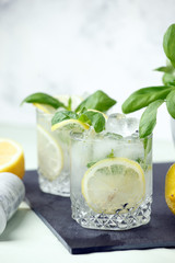 Basil, lemon lemonade or alcoholic cocktail with ice. Cold summer drink, resort bar menu, cafe concept