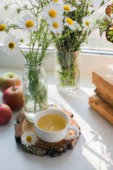 Cup of herbal chamomile tea on a windowsill. Chamomile tea in a whitecup and camomile flowers. Herbal tea for baby's stomach, remedy alternative. Copy space