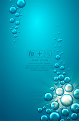 Bubbles in water on blue background. Circle and liquid, light design, clear soapy shiny,