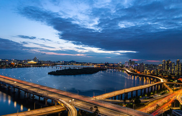 A night view of the Han River near Mapo Bridge, seoul korea