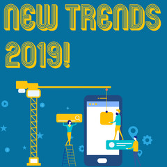 Word writing text New Trends 2019. Business photo showcasing general direction in which something is developing Staff Working Together for Common Target Goal with SEO Process Icons