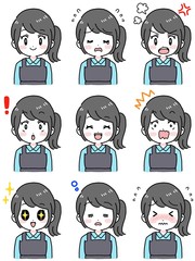 いろいろな表情のセット（女性　エプロン姿　黒髪ポニーテール）