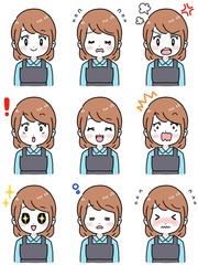 いろいろな表情のセット（女性　エプロン姿　茶髪ボブ）