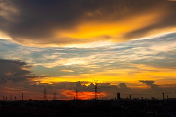 high voltage pole , silhouette , Sunset