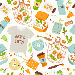 Vector seamless pattern with hand drawn elements of zero waste life. No plastic. Go green
