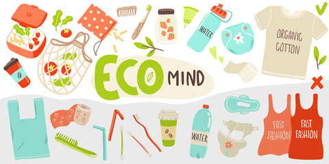 Vector poster with hand drawn elements of zero waste life and non-eco mind elements