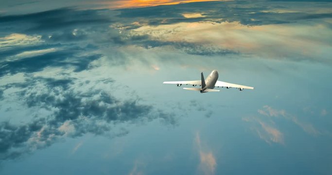 The plane flies in the cumulus clouds of the day sky, a beautiful time lapse with a flying plane