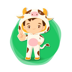 Cute boy in ox suit cartoon character in chinese zodiac concept use for illustration
