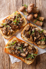 Italian homemade sandwiches with fried boletus mushrooms, onions, thyme and parmesan cheese closeup. Vertical top view