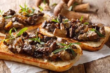 Toasts with fried porcini mushrooms, onions, thyme and parmesan cheese closeup. horizontal