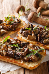 Open sandwiches with fried porcini mushrooms, caramelized onions, thyme and cheese close-up. vertical