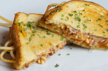 Close-Up shot Spaghetti Grilled Cheese Sandwich Mash Up