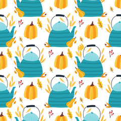 Seamless pattern with pumpkin and tea pot and leaves on a white background. Vector design for wrapping paper, textile.