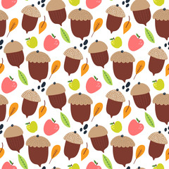 Seamless pattern with acorns, apples and leaves on a white background. Concept of autumn harvest. Vector design for wrapping paper, textile.