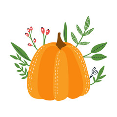 Pumpkin vector print with leaves. Concept of harvest, autumn time. Hand drawn vector illustration.