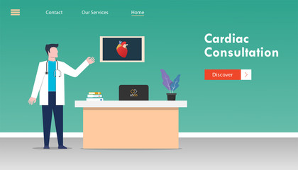 Cardiac consultation concept. doctor or cardiologist shows his room. healthcare to provide heart and vascular caring for all patient. template for landing page, banner, poster, ad or print media.