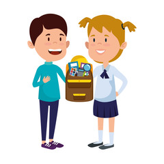 happy little students couple with schoolbag