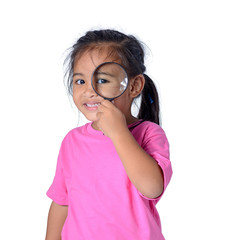 Happy kid exploring with magnifying glass isolated on white background