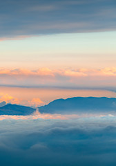 Mountains and seas of clouds at dusk, Emei Mountain, Sichuan Province, China