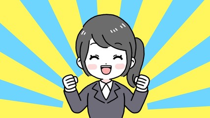 笑顔で喜ぶスーツの女性（黒髪ポニーテール）　あっぱれ