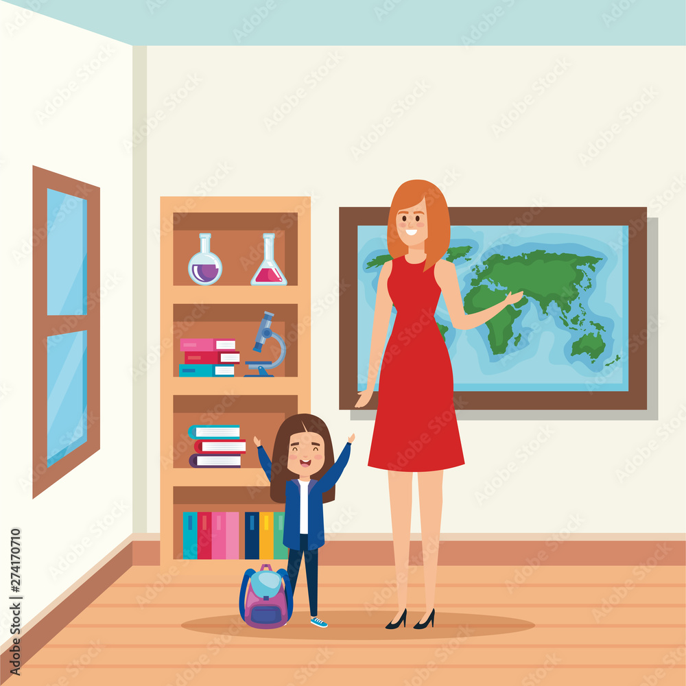 Poster female teacher with student girl in the school scene